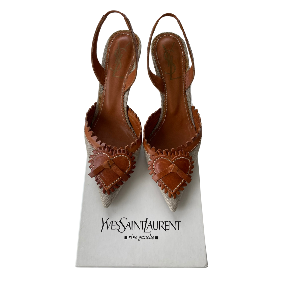 Yves Saint Laurent Rive Gauche 1990s Raffia Heart Heels - 36.5 – Ninety Six  Vintage